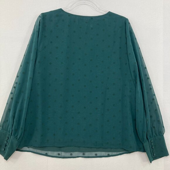 New J. Crew size XL Green V Neck Swiss Dot Long Sleeve Chiffon Blouse Preppy - Picture 10 of 12